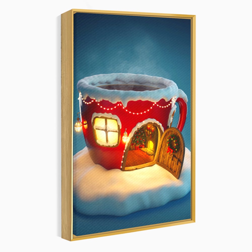 Tablou canvas cu ilustratie cana rosie cu casa de craciun, in rama de aluminiu auriu
